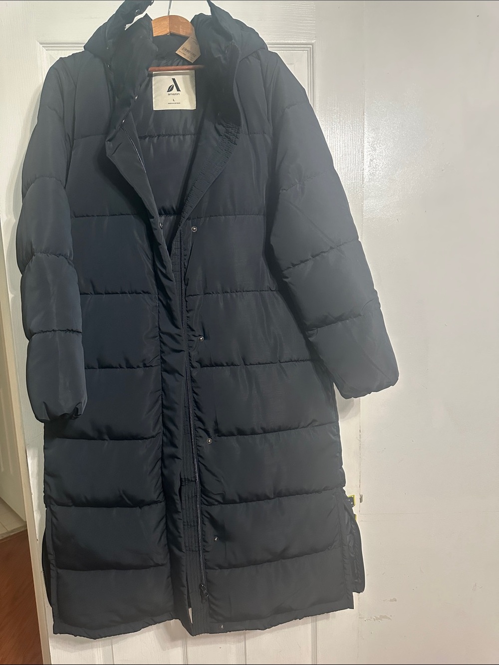 Amazon Long Black Quilted Hooded Puffer Coat